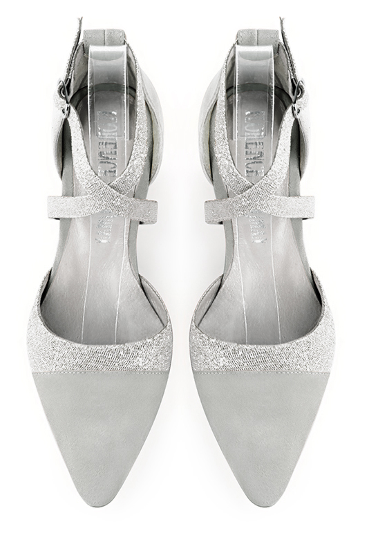 Pearl grey and light silver women's open side shoes, with crossed straps. Tapered toe. Low comma heels. Top view - Florence KOOIJMAN